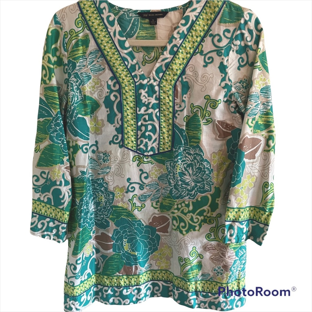 Brooks Brothers‎ 346 Cotton Turquoise Green Print Tunic Top S